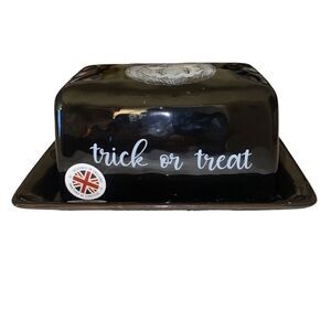 Harvest Green Studio Ceramic‎ Black Trick or Treat 7x3in Butter Dish